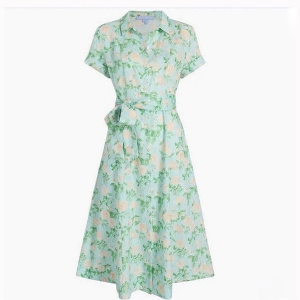 Hill House Lily Shirt Dress in Floral Blue Roses Linen, SZ M